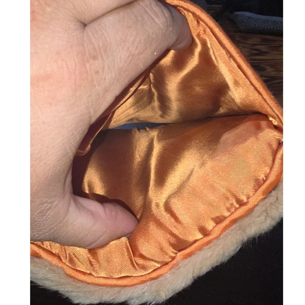 Vintage Real Fur Hand Muff Brown Velvet Back‎ Orange Satin Lining Zipper Pocket